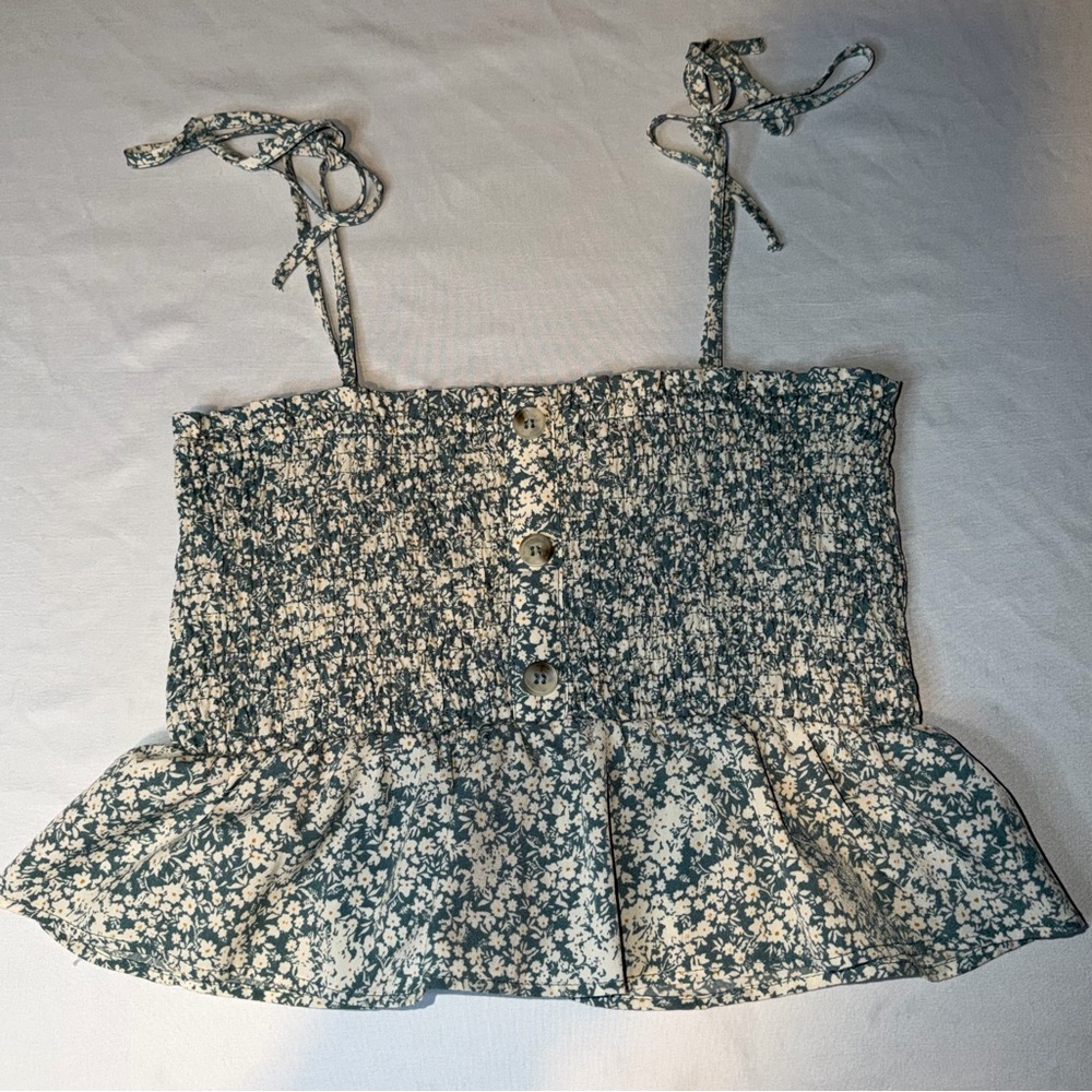 Paper Crane Floral Smocked Peplum Tie Strap Tank Cottagecore Top S